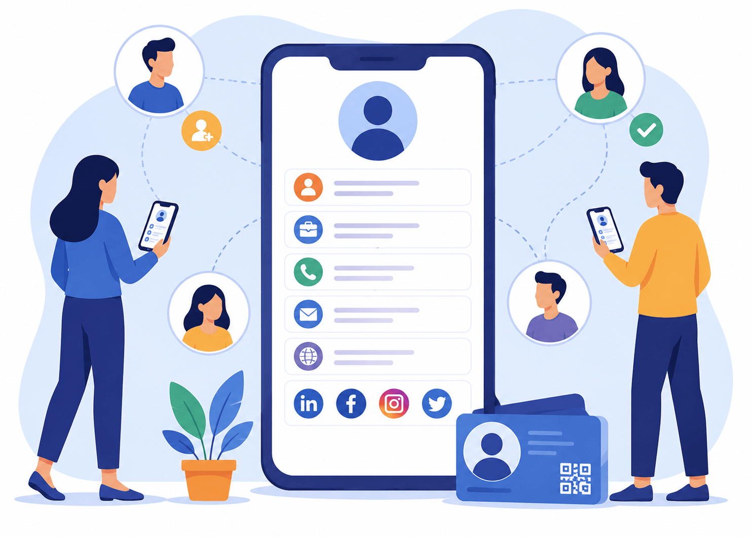 Entering contact information manually is slow and often results in mistakes. QR business cards simplify the process by giving people immediate access to your details.
One scan can provide: